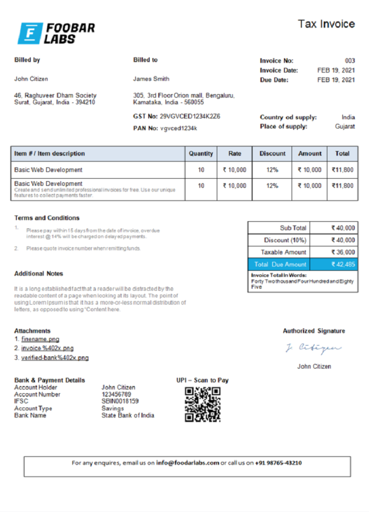 India Foobar Labs Information Technology Company invoice 1 PSD template